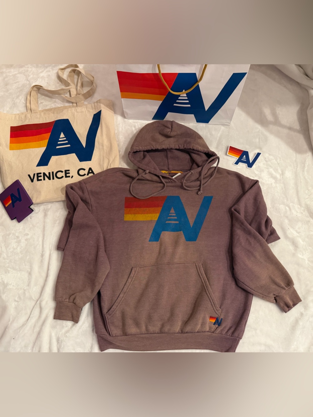 - NWT Aviator Nation Relaxed logo Pullover Hoodie Faded Mocha XS   & Tote